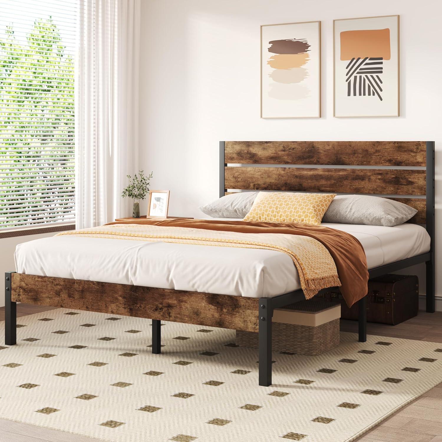 Foredawn queen metal platform bed frame with grey upholstered headboard in modern bedroom